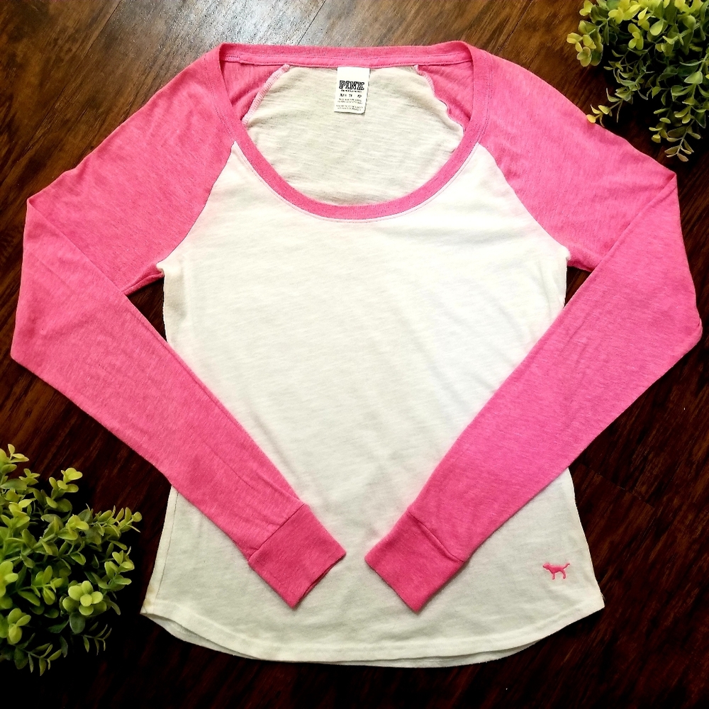 PINK Baseball Long Sleeve Pink/White XS